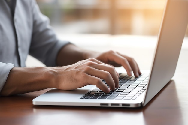 close-up de homem digitando em laptop com tela branca simples