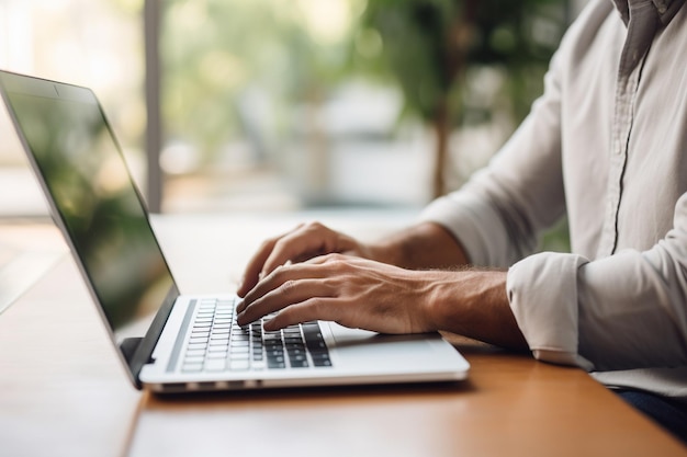 close-up de homem digitando em laptop com tela branca simples