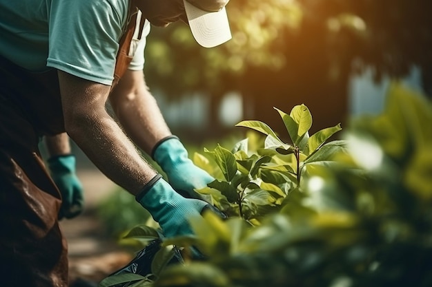 Close-up de homem forte em luvas cortando folhas em seu jardim fazendeiro passando manhã de verão