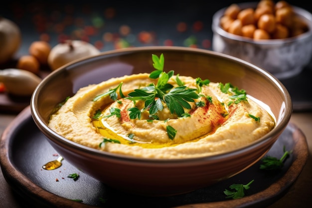 Close-up de hummus caseiro de grão de bico decorado com especiarias de azeite e grão de bico Um favorito vegano