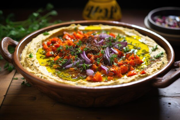 Close-up de hummus recém-feito em uma tigela