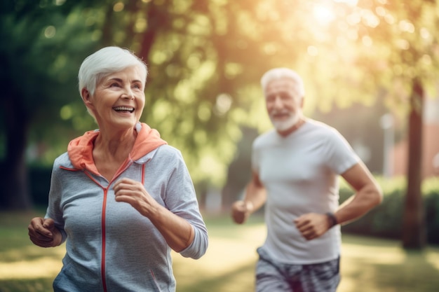 Close-up de idosos correndo felizes, mulheres e homens em roupas esportivas no outono no parque