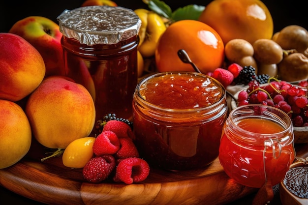 Close-up de ingredientes de conserva de frutas frutas açúcar pectina criada com ai generativa