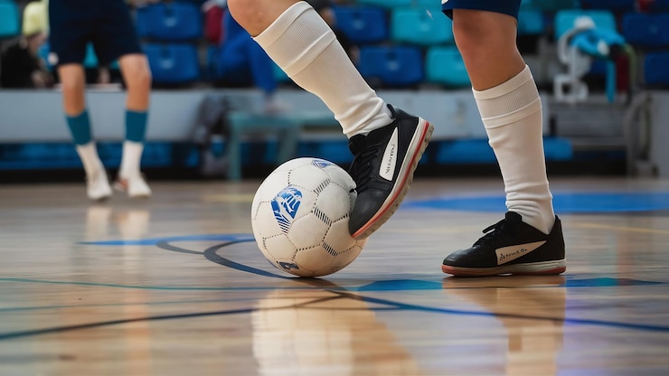 Foto close-up de jogadores de futsal com os pés chutando a bola