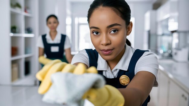 Foto close-up de jovem mulher afro limpando em casa nova limpeza doméstica e conceito de limpeza