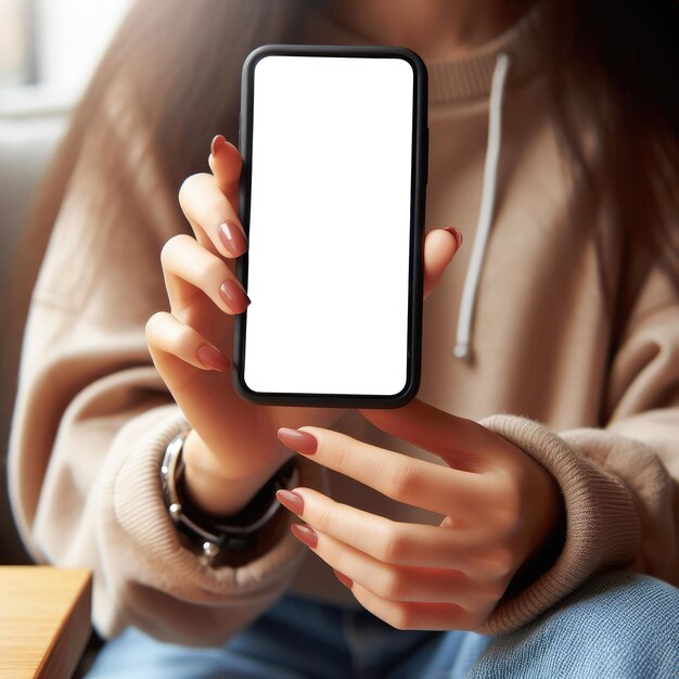 Close-up de jovens mãos femininas segurando smartphone celular com uma tela branca vazia para