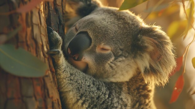 Close-up de koala abraçando uma árvore IA geradora