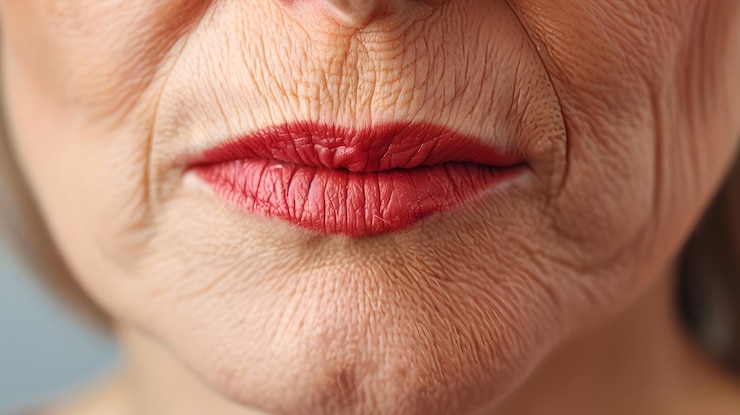 Foto close-up de lábios de mulheres maduras usando batom vermelho significando envelhecimento graciosamente capturado em luz natural ideal para conceitos de beleza e cuidados com a pele ai