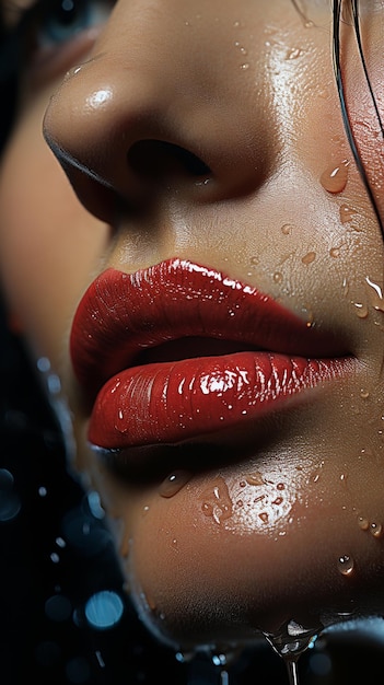 Close-up de lábios de uma mulher em close-up com um rosto molhado