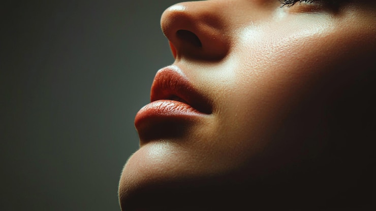 Foto close-up de lábios e nariz de uma mulher com iluminação suave