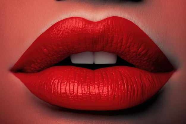 Close-up de lábios femininos com batom vermelho acetinado criado usando tecnologia generativa de IA
