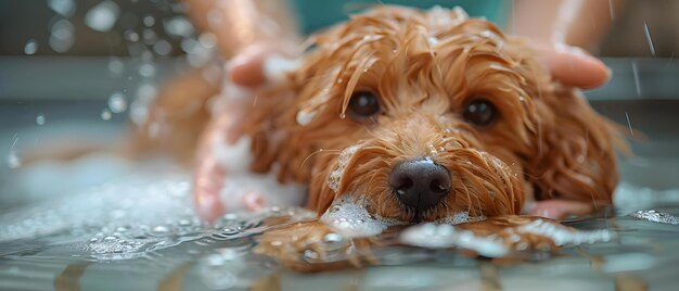 Foto close-up de labradoodle sendo lavado por um barbeiro no salão ou pelo dono em casa conceito fotografia de close-up pet grooming labradoo care salon momentos amigos peludos