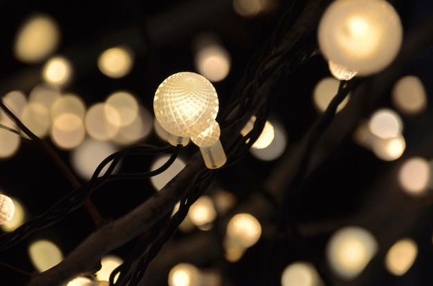 Foto close-up de lâmpadas iluminadas penduradas ao ar livre à noite