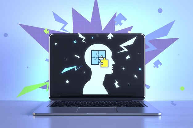 Foto close-up de laptop com cabeça digital criativa com quebra-cabeça em fundo claro ideia e conceito de solução renderização 3d