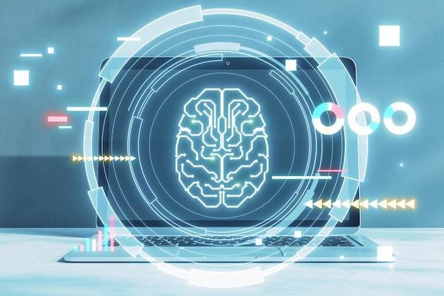 Close-up de laptop na mesa com holograma cerebral redondo brilhante em fundo desfocado Chat de inteligência artificial assistente de bot GPT e conceito de aprendizado de máquina