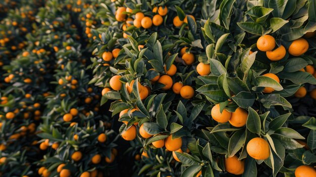 Close-up de laranjas maduras em um pomar de citrinos vibrante