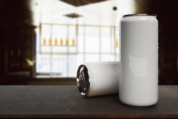 Close up de latas de bebida vazias em fundo desfocado Conceito de anúncio Mock up renderização 3D