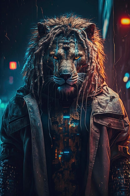 close-up de leão no estilo cyberpunk em fundo escuro, generative ai