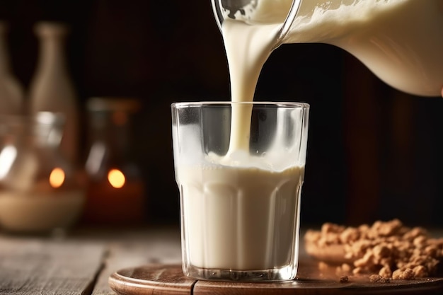 Close-up de leite fresco a ser derramado num copo criado com ai generativo