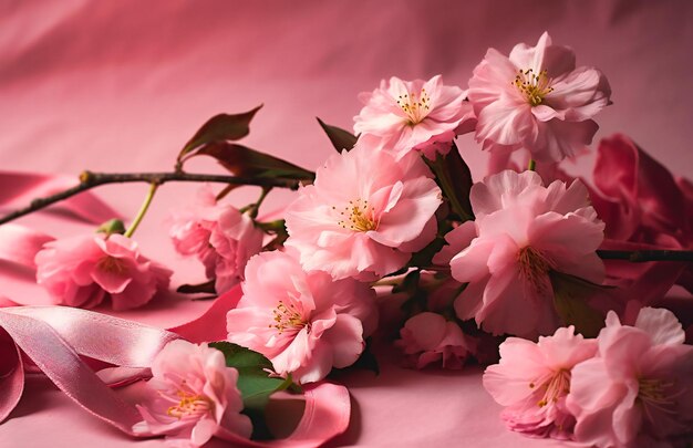 close-up de lindas flores cor de rosa e flores em fundo rosa com fitas cor de rosa