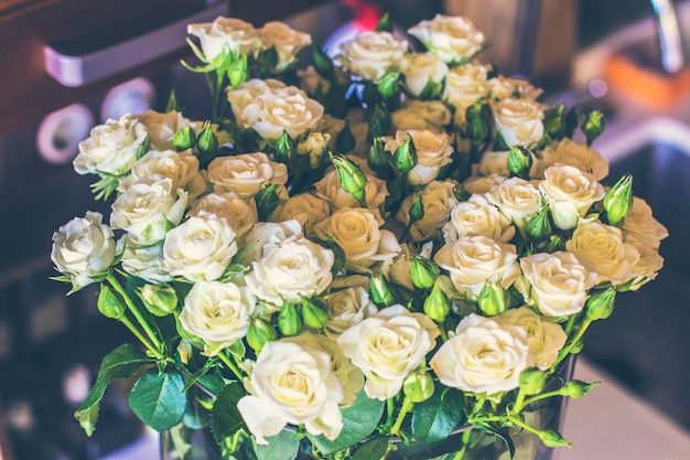 Close-up de lindo buquê de rosas brancas em tonalidade vintage