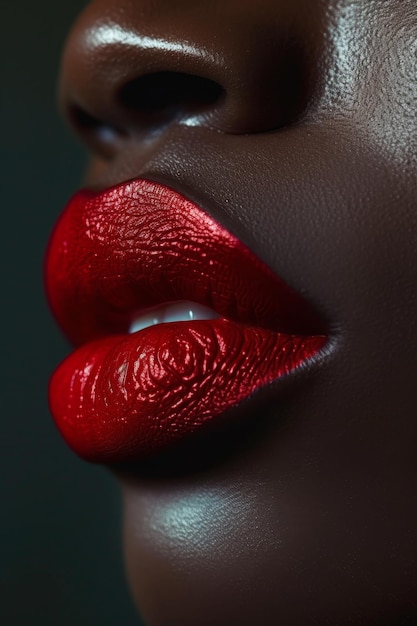 Close-up de lindos lábios femininos com batom vermelho de uma mulher afro-americana maquiagem à moda