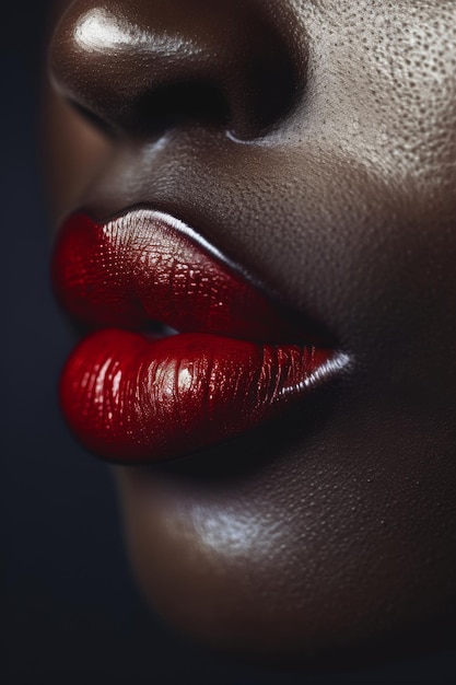 Close-up de lindos lábios femininos com batom vermelho de uma mulher afro-americana maquiagem à moda