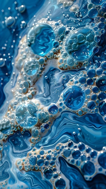 Close-up de líquido azul elétrico com bolhas parecidas com ondas de vento na água
