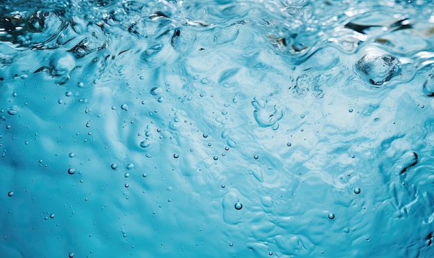 Close-up de líquido azul transparente com gotas cintilantes evocando pureza e serenidade Pequenas bolhas e uma tigela delicada acrescentam profundidade a esta cena tranquila criada com ferramentas de IA generativas