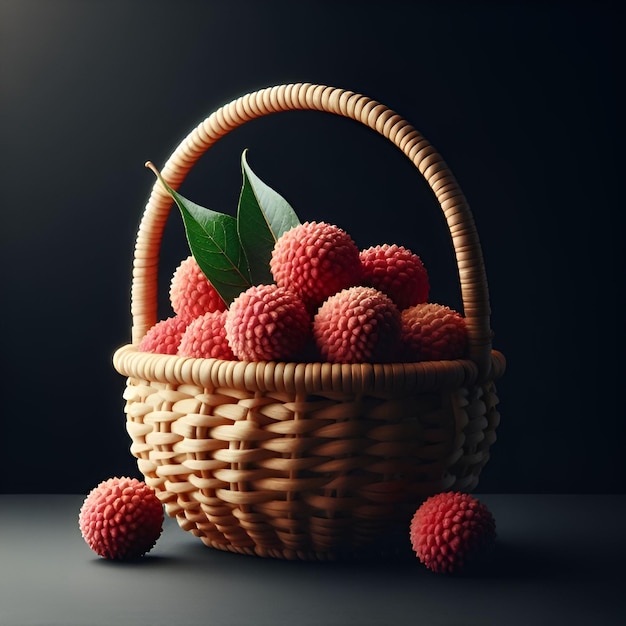 Close-up de litchies em cesta em superfície preta com fundo escuro