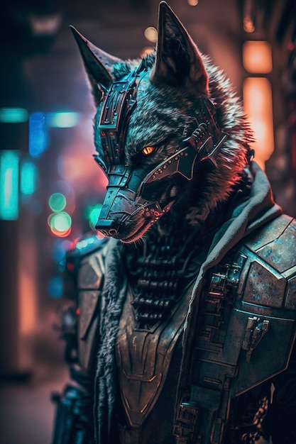 close-up de lobo no estilo cyberpunk em fundo escuro, generative ai