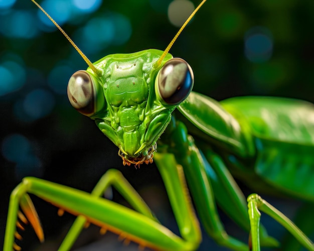 Close-up de louva-a-deus verde com espinhos e olhos