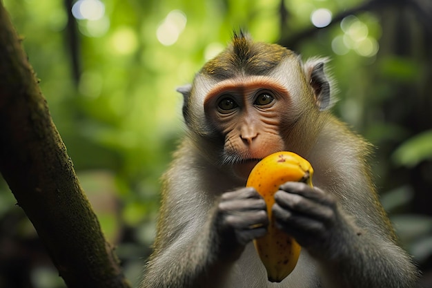 Macaco Sagui comendo banana Stock Photo