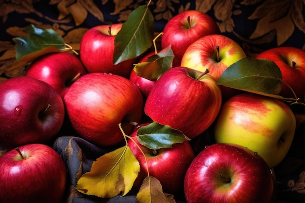Close-up de maçãs com folhas de outono coloridas como pano de fundo criado com ai generativo