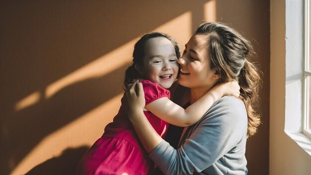 Foto close-up de mãe segurando filha feliz com síndrome de down enquanto está de pé contra sur marrom simples