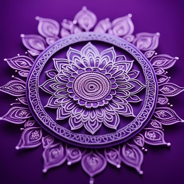 Foto close-up de mandala em fundo roxo foco seletivo