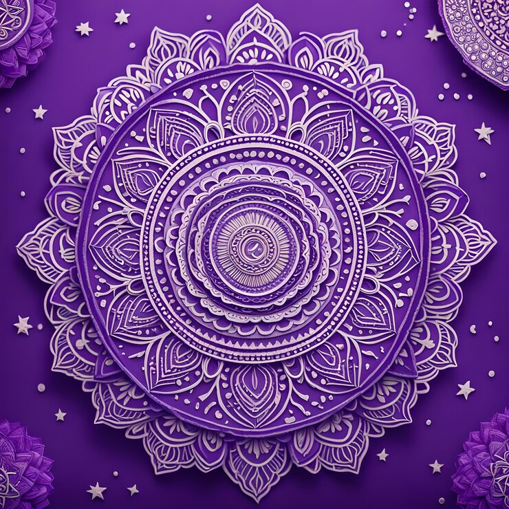 Foto close-up de mandala em fundo roxo foco seletivo