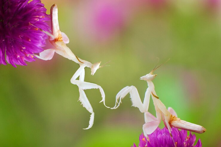 Foto close-up de mantis de orquídea em flores roxas