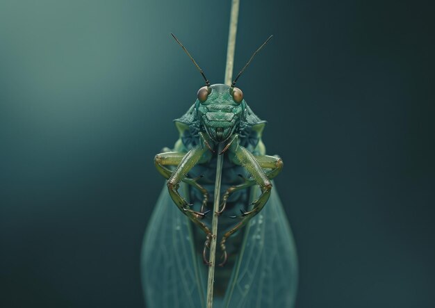 Close-up de mantis orante em um caule de planta