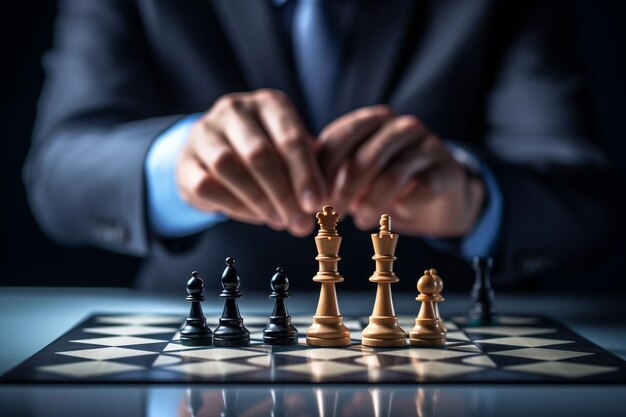 Close-up de mão de empresário movendo figura de xadrez no tabuleiro de xadrez Ai Gerado