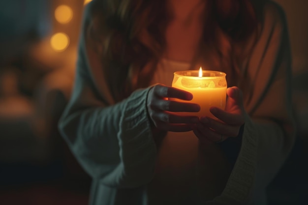 Close-up de mão de mulher acendendo velas na noite escura em casa