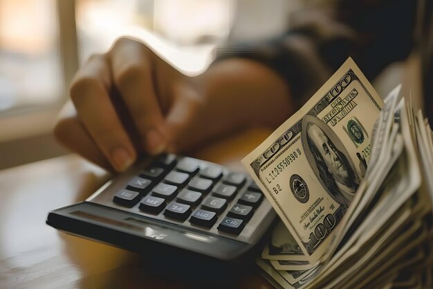 Close-up de mão de mulher contando dinheiro com calculadora e casa na mesa