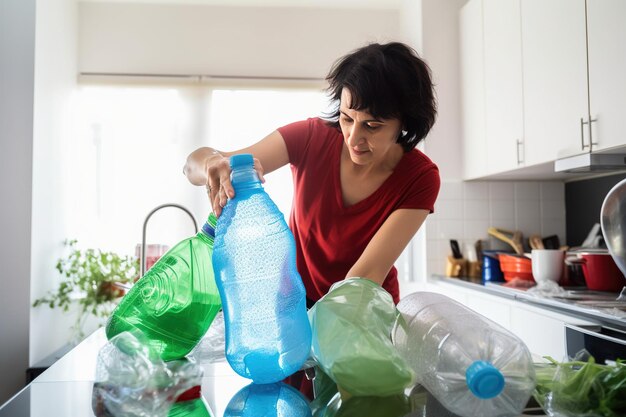 Close-up de mão mulher colocando garrafa de plástico vazia no lixo de reciclagem na cozinha Mulheres na cozinha da casa separando resíduos Diferentes latas de lixo com sacos de lixo conceito de conservação ambiental