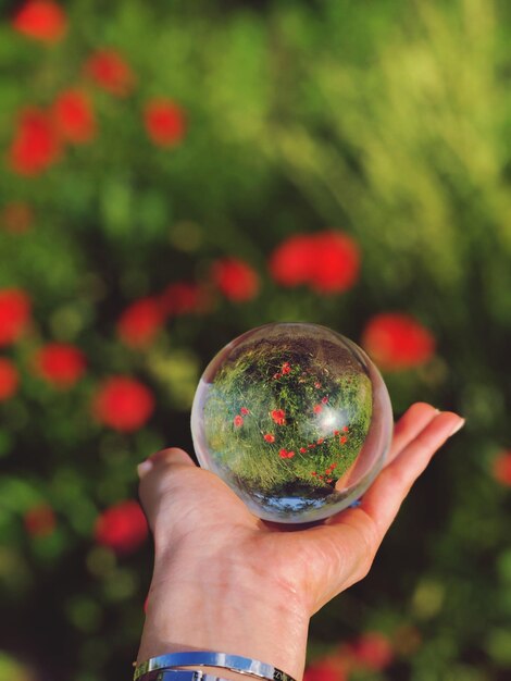 Foto close-up de mão segurando bola de cristal