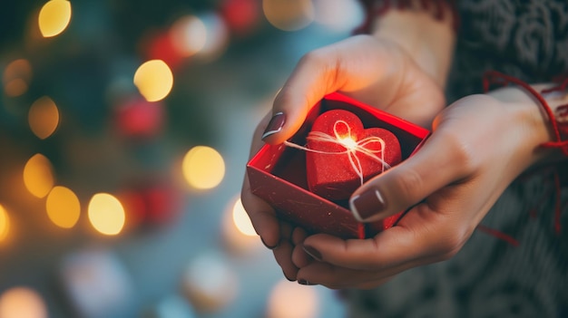 Foto close-up de mãos apresentando uma caixa de presente em forma de coração um fundo festivo