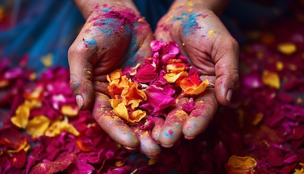 close-up de mãos cobertas com vários pó coloridos