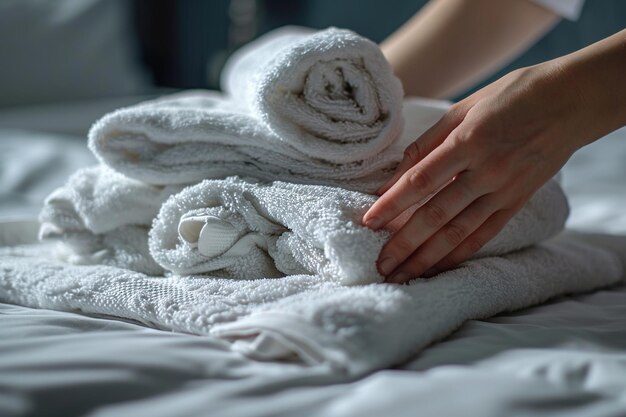 Foto close-up de mãos colocando pilha de toalhas de banho brancas frescas no lençol de cama