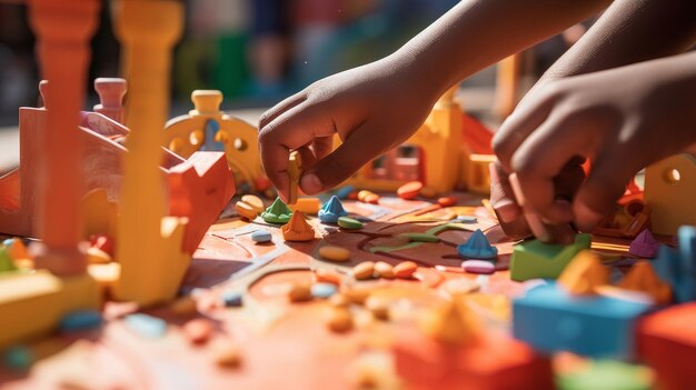 Foto close-up de mãos construindo um parque infantil em um bairro desfavorecido