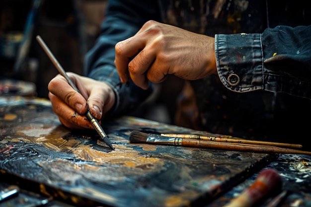 Close-up de mãos de artistas pintando com um pincel em tela criatividade em estúdio de arte