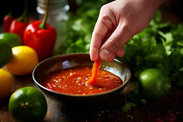 Foto close-up de mãos de chefs misturando ingredientes de salsa em uma tigela